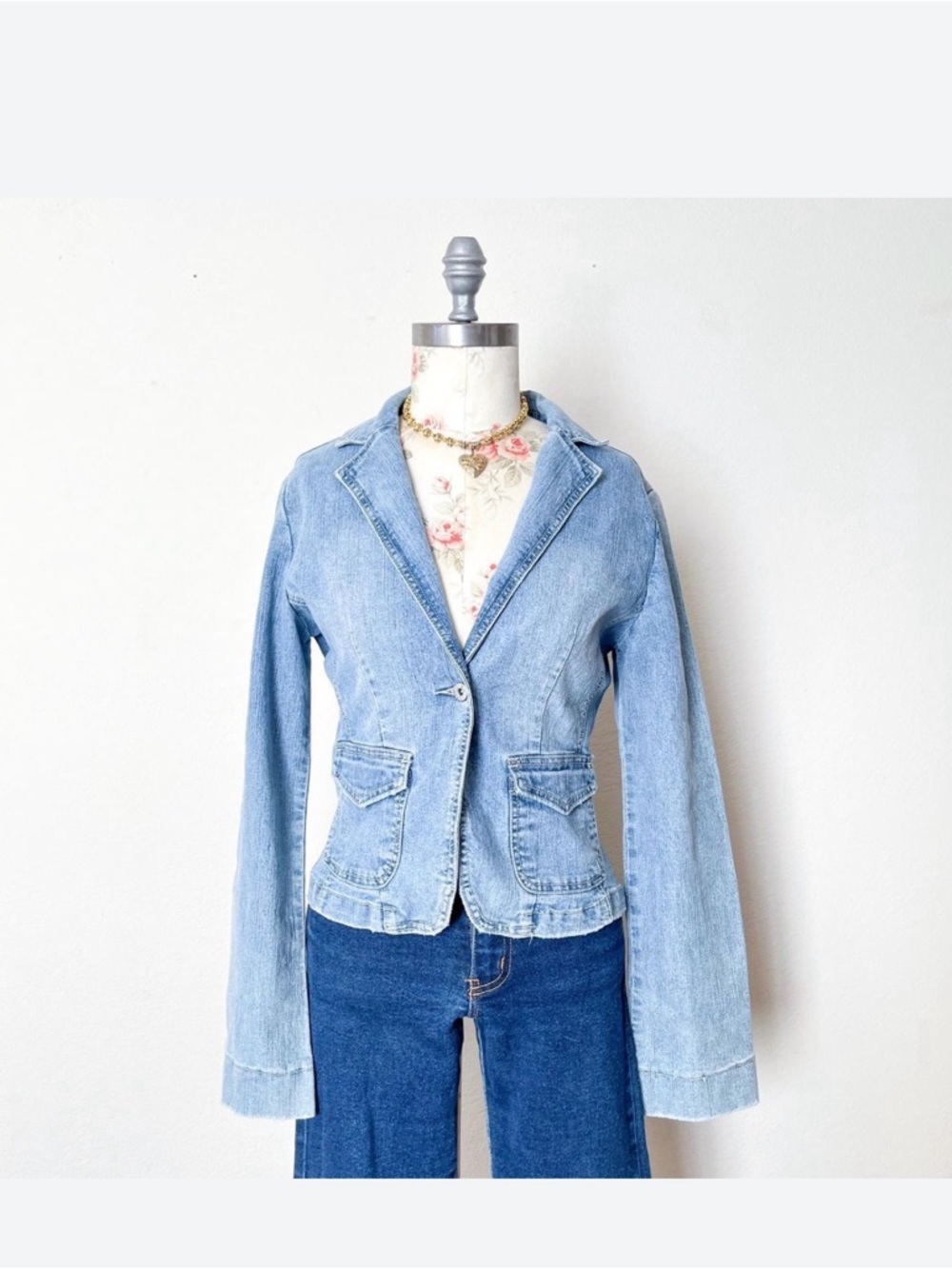 Light Blue Denim Blazer Jacket - Women's Casual Tailored Coat